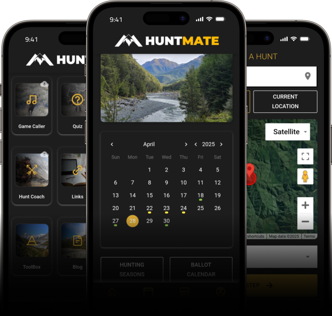 Hunt Mate app shown on three phones: hunt coach tools, hunting calendar and hunt maps